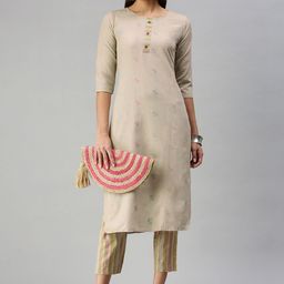 KALINI Women Beige Pure Cotton Kurta with Trousers-picture-19