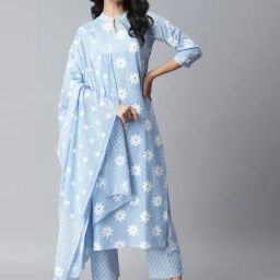Stylum Blue Cotton Printed Kurta Pant Set With Dupatta-image-54
