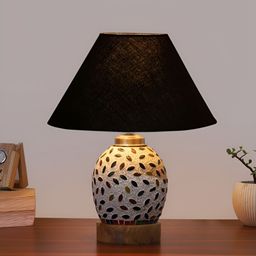 Devansh Black & White Textured Wooden Frustum Shaped Table Lamp With Mosaic Glass Base-25