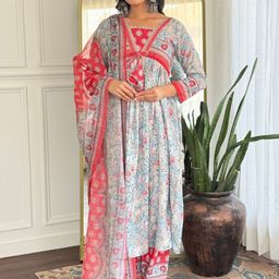 KALINI Women Floral Printed Regular Gotta Patti A-Line Kurta with Trousers & Dupatta-picture-13