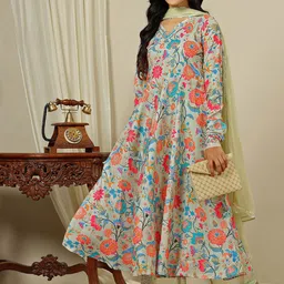 Inddus Green Floral Printed V-Neck Kurta with Palazzo & Dupatta-picture-39