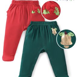 Babyoye Eco Concious 100% Cotton With Eco Jiva Finish Bootie Legging Bell Print Pack Of 2 - Red & Dark Green-image-56