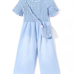 Little Kangaroos 100% Cotton Knit Half Sleeves Denim Jumpsuit with Sling Bag Solid Colour - Blue-image-32