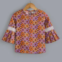 Hugsntugs Full Sleeves Geometric Floral Printed Lace Detailed Top - Orange-picture-5