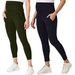 The Mom Store Pack Of 2 Solid Maternity Leggings  - Olive & Navy-image-132