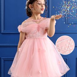 Mark & Mia Sleeveless Party Frock with Floral Embroidery & Pearl Detailing - Peach-image-14
