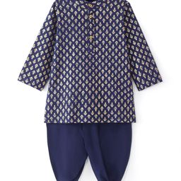 Earthy Touch Single Jersey Knit Full Sleeves Foil Printed Kurta Dhoti Set - Navy Blue-image-65