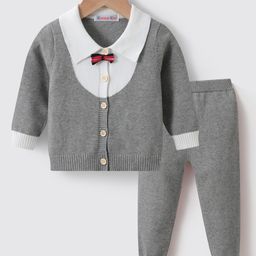 Kookie Kids Full Sleeves Front Open Collar Neck Sweater Set With Bow Applique - Grey-image-66