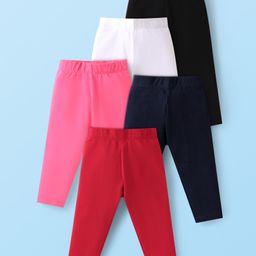 Babyhug Cotton Lycra Full Length Solid Colour Leggings Pack of 5 -Red Pink & Black-image-114