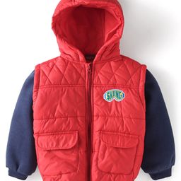 Little Kangaroos Knit Full Sleeves Hooded Padded Winter Jacket With Pockets - Red & Blue-image-41