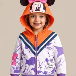 Babyhug Disney Terry Knit Full Sleeves Hooded Sweatjacket With Minnie Mouse Print 3D Ear & Bow Applique - Purple White & Orange-image-64