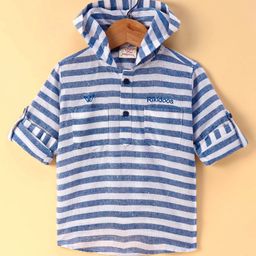 Rikidoos Full Sleeves Striped Kurta Style HoodedShirt - Light Blue-picture-41