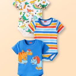 Babyhug Disney Interlock Knit Half Sleeves Onesies With Stripes Dino Graphics Pack Of 3 - Blue & White-image-15