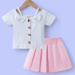 Mark & Mia Cotton Half Sleeves Top & Skirt Set with Bow Applique - Pink & White-image-78