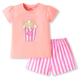 Babyhug Cotton Knit Half Sleeves Night Suit With Pop Corn Print & Applique - Peach & Pink-image-79