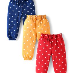 Babyhug Terry Knit Full Length Lounge Pants with Hearts Print & Bow Applique Pack of 3 - Red Yellow & Blue-image-16