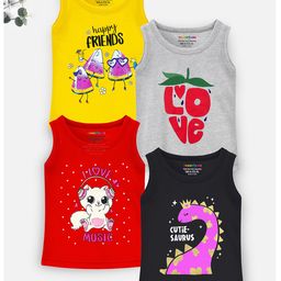 Trampoline Cotton Blend Pack Of 4 Sleeveless Dinosaur & Typography Printed Tees - Multi Colour-picture-33