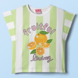 Little Kangaroos Cotton Knit Half Sleeves Striped Top with Lemon Print - Light Green-image-72