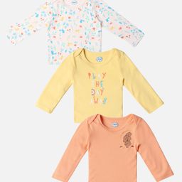 Nauti Nati Cotton Pack of 3 Full Sleeves Birds & Play The Day Away Text Printed Tee - Peach White & Yellow-image-63