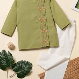 Desi Soota Cotton Full Sleeves Floral Embroidered Kurta Pyjama Set - Green-image-98