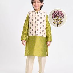 EARTHY TOUCH Cotton Woven Mandarin Collar Full Sleeves Kurta Pajama Set With Floral Printed Jacket - Olive Green-image-44