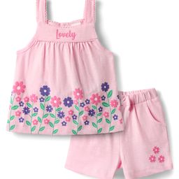 Babyhug Single Jersey Knit Sleeveless Top & Short Set With Floral Print - Pink-image-19
