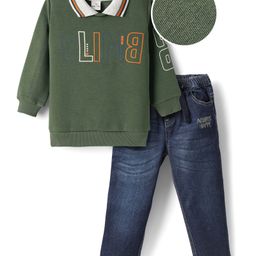 Mark & Mia Cotton Knit Full Sleeves Sweatshirt & Jeans Set With Text Print - Green & Blue-image-34