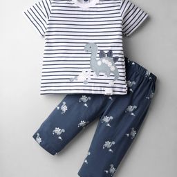 Teddy Sinker Knit Half Sleeves Night Suit with Stripe & Dino Print - Navy Blue-image-21
