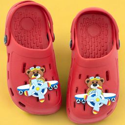 Yellow Bee Perforated Clogs With Aeroplane Charms - Red-image-25
