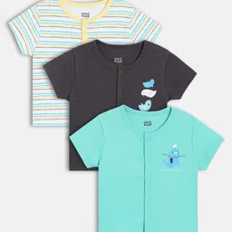 MINI KLUB Cotton Knit Pack Of 3 Half Sleeves Striped & Birds Printed Jhablas - Blue Yellow & Dark Grey-picture-38