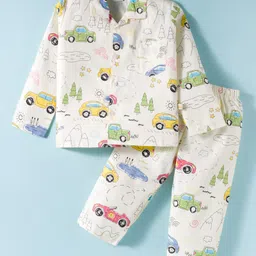 Mini Taurus Cotton Knit Full Sleeves Co-ord Night Suit with Vehicle Print - White-picture-20