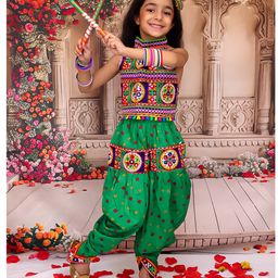KID1 Cotton Woven Navratri Theme Sleeveless Ethnic Embroidered Mirror Work Embellished Crop Top & Bandhani Designed Dhoti With Cap Set - Green-picture-36