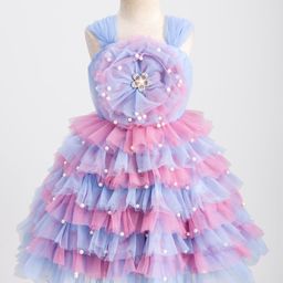 Enfance Sleeveless Floral Applique Detailed & Pearls Embellished Knee Length Layered Dress - Ferozi-picture-44