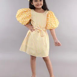 Pink Chick Polka Dot Striped Puff Sleeve A-Line Dress-image-62