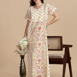 9shines Label Floral Printed Notch Neck Pure Cotton Maxi Nightdress-image-74