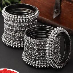 Zeneme Silver Plated Black Tone CZ Stone Studded Broad Bangles for Women Set of 28-13