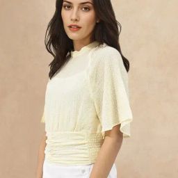 RAREISM Yellow Polyester Solid Short Sleeves Top-image-5