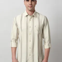 Peter England Beige Cotton Slim Fit Striped Shirt-picture-49