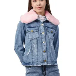 StyleStone Blue Denim Jacket With Detachable Fur Collar-image-47