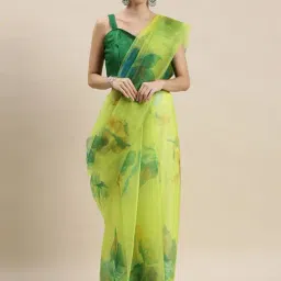 Blissta Lime Green Floral Print Saree With Unstitched Blouse-picture-24