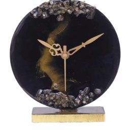 CHRONIKLE Black & Gold Resin Elegant Round Shade & Stone Art Analog Table Clock-12