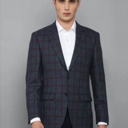 Louis Philippe Navy Blue Regular Fit Checks Blazer-image-7