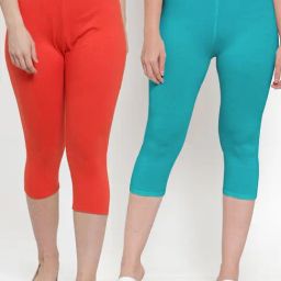 Gracit Orange & Aqua Blue Mid Rise Capris - Pack Of 2-image-3