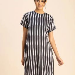 Moomaya Grey Striped A Line Dress-image-34