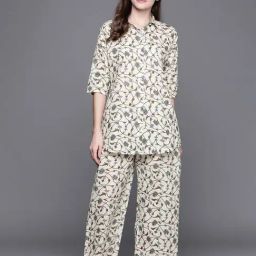 Libas White Floral Print Shirt With Pyjamas-image-21