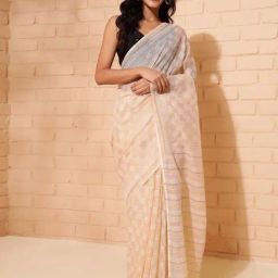 Fabindia Beige Cotton Silk Hand Block Printed Sari-image-95