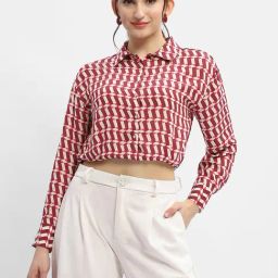 MADAME Maroon Printed Crop Shirt-image-65
