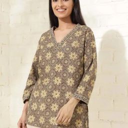 Fabindia Grey & Mustard Cotton Printed A Line Short Kurti-13