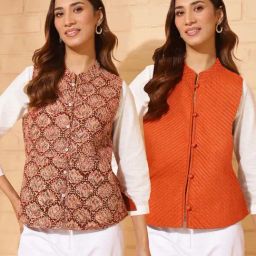 Fabindia Orange Viscose Silk Quilted Jacket-image-89