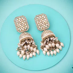 Lyriss Gold-Plated Artificial Stones Studded And Beaded Dome Shaped Drop Earrings-picture-24